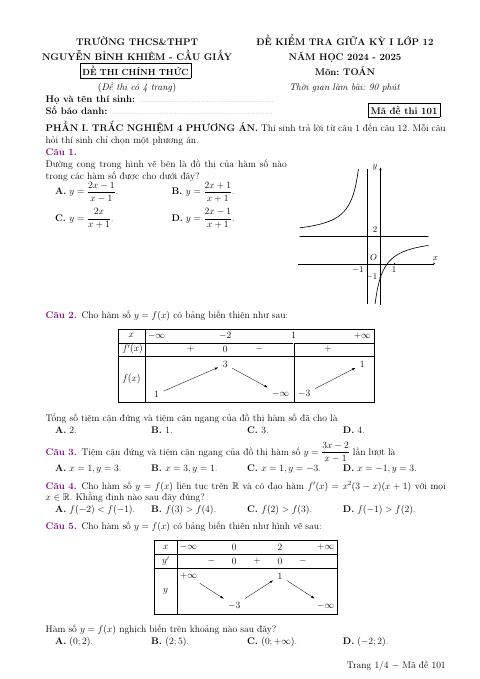 Đề thi Giữa kì 1 Toán 12 năm 2024-2025 trường THCS & THPT Nguyễn Bỉnh Khiêm (Hà Nội)